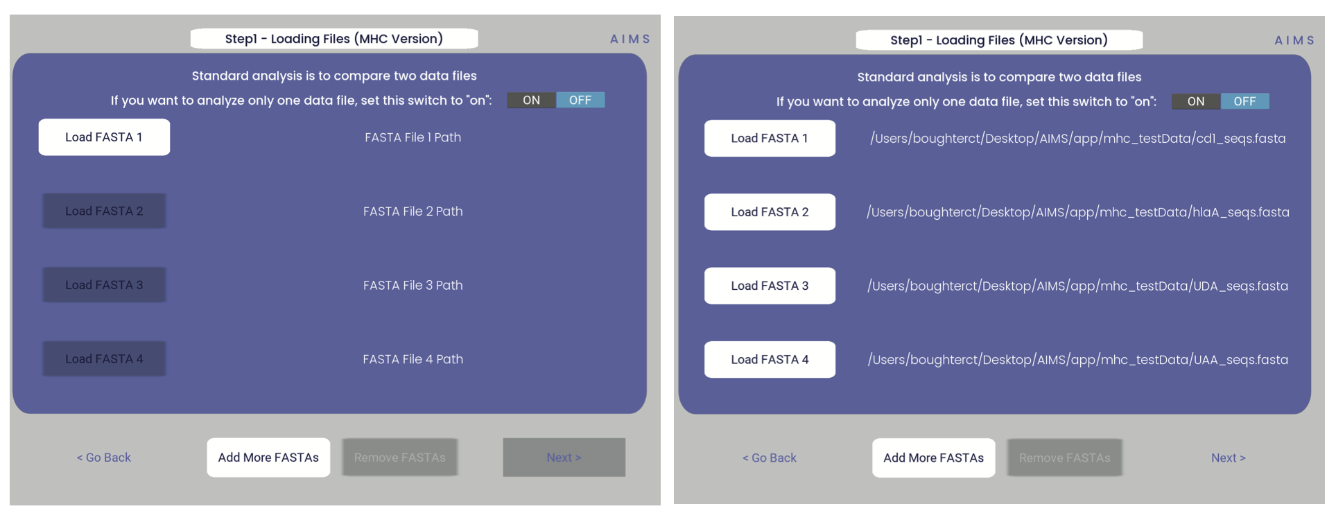 Example screenshots of the AIMS matrix generation step