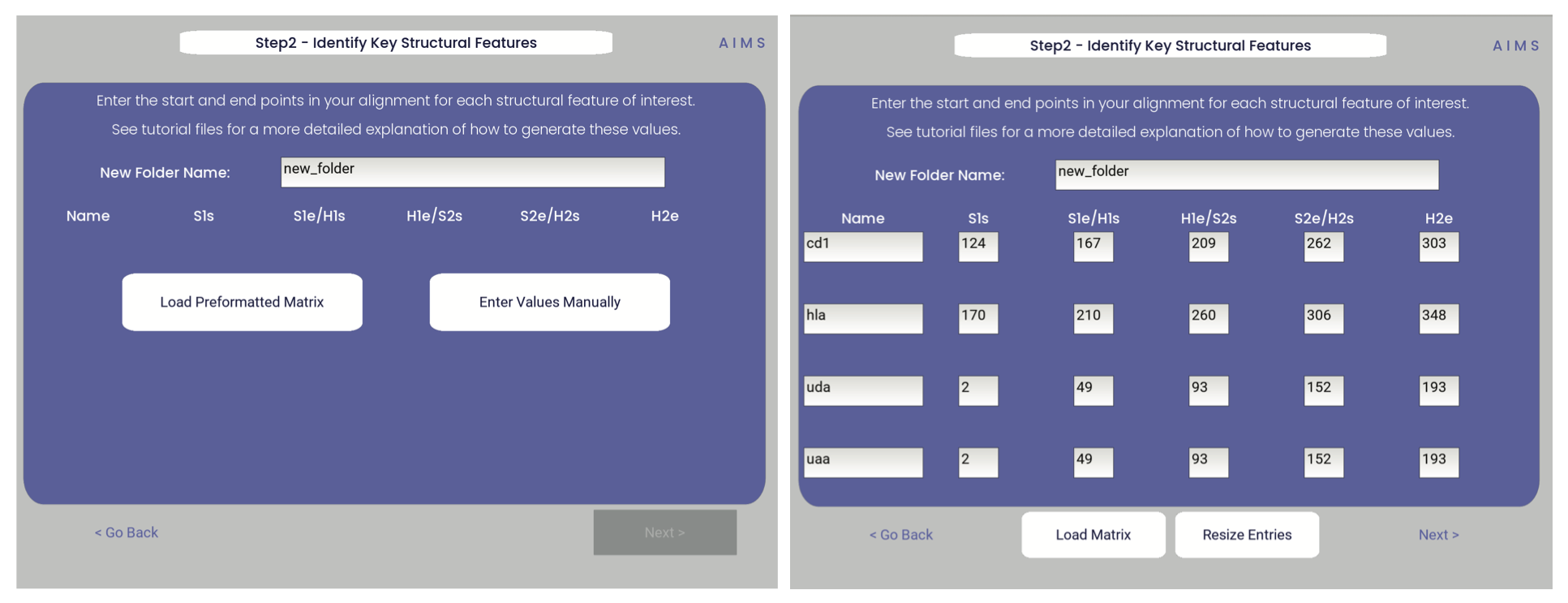 Example screenshots of the AIMS matrix generation step